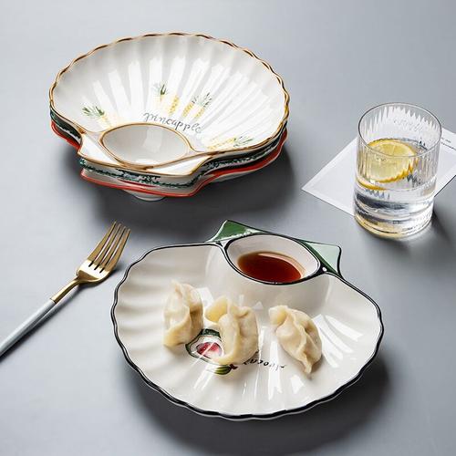 日式陶瓷饺子盘带醋碟蘸料碟创意小吃寿司盘家用个性异形甜点盘子